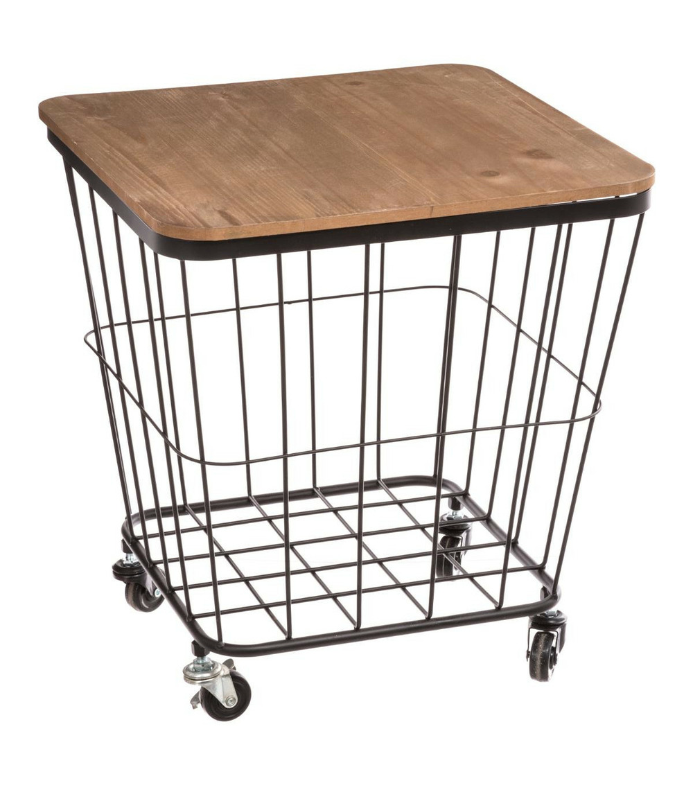 Table coffre grillagé sur roues en métal noir et bois