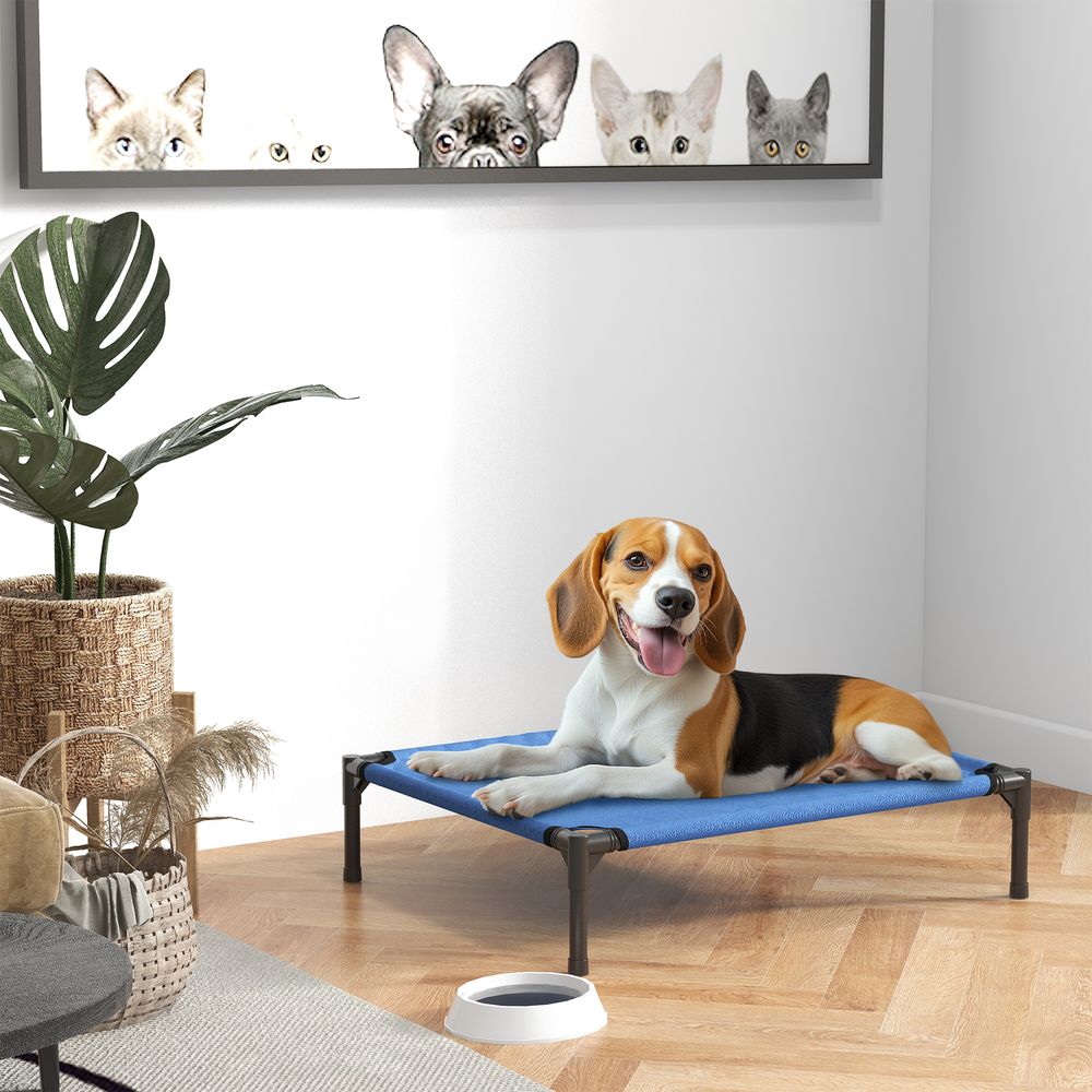 Lit surélevé pliable pour chien en métal et tissu oxford bleu 76 x 61 x 18 cm pour intérieur et extérieur