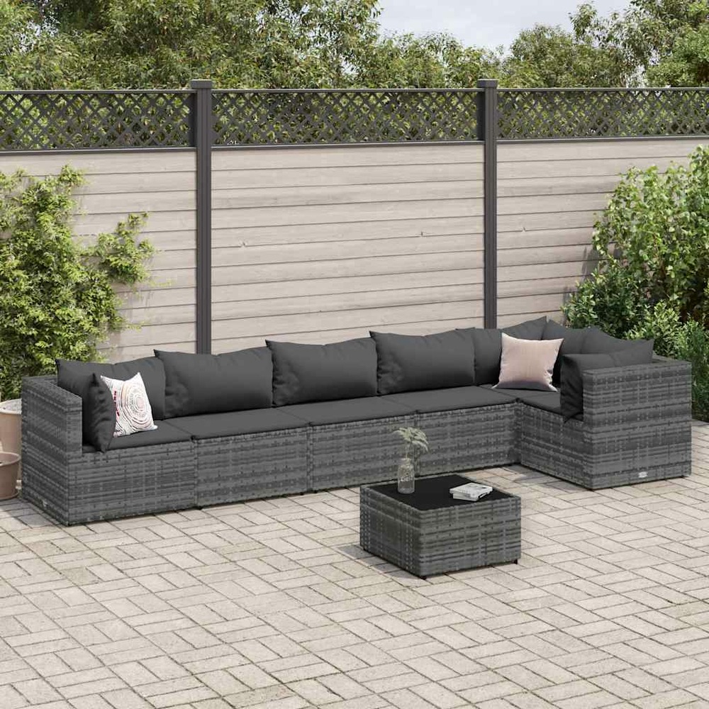Salon de jardin 7 pcs avec coussins gris résine tressée