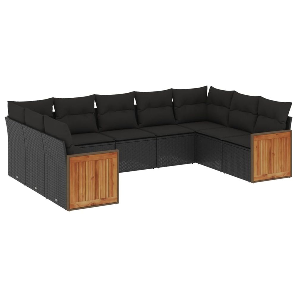 Salon de jardin 9 pcs avec coussins noir résine tressée