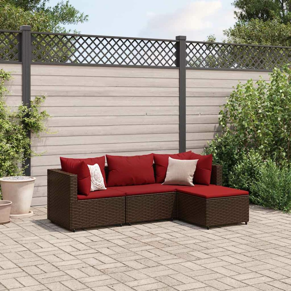 Salon de jardin 4 pcs avec coussins marron résine tressée