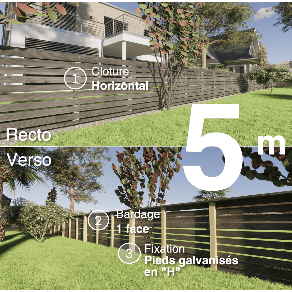 Kit clôture bois moderne 5m – h 0,9m – 20 x 70 mm noir par trempage – pose horizontal – simple face – support galva