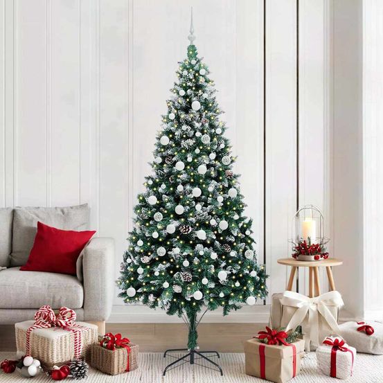 Sapin de noël réaliste 210 cm effet neige, 1290 branches, kit lumières et boules