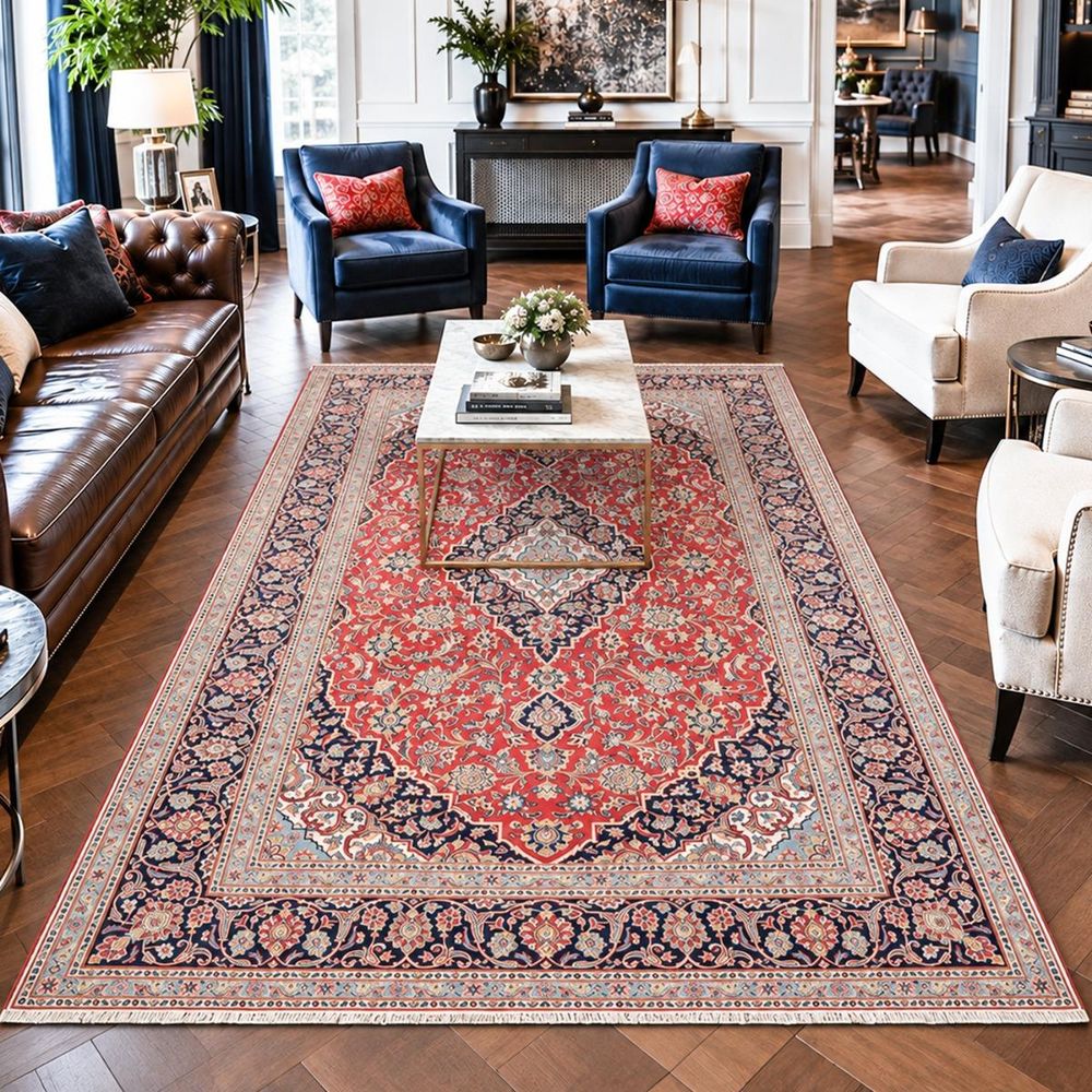 Tapis d'orient 227 x 341 cm, rouge, beige et bleu, laine nouée main, ardakan 6
