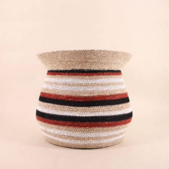 Panier amphore rayé marron, beige en herbes marines 36x34cm