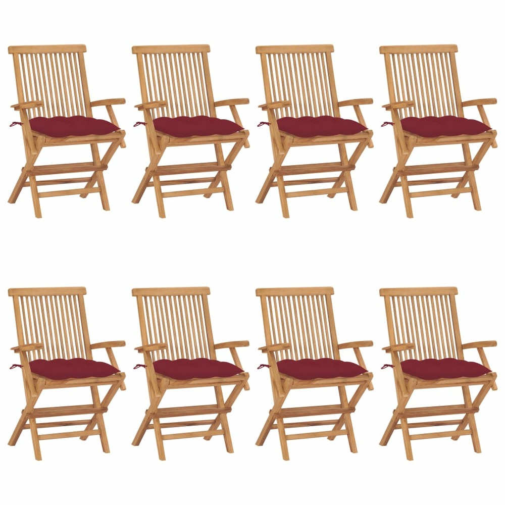 Chaises de jardin avec coussins bordeaux lot de 8 teck massif