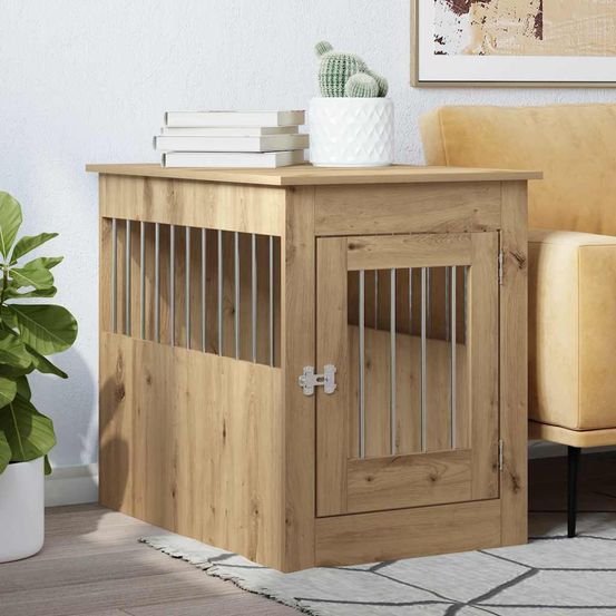 Meuble cage chien 2-en-1 bois acier table d'appoint chêne artisanal 68cm