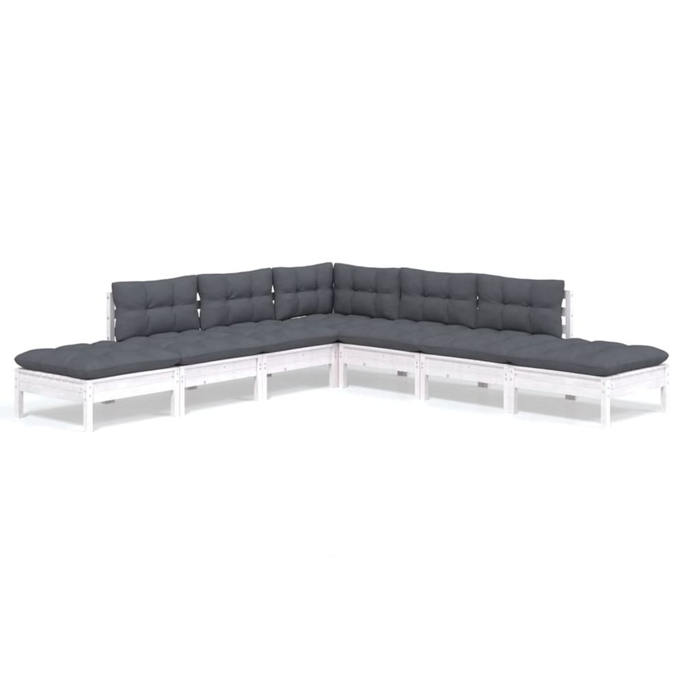 Salon de jardin 7 pcs avec coussins blanc bois de pin