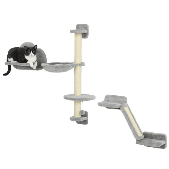 Parcours mural pour chat 3 pièces avec hamac rampe griffoir et plateforme nuage gris 96 cm