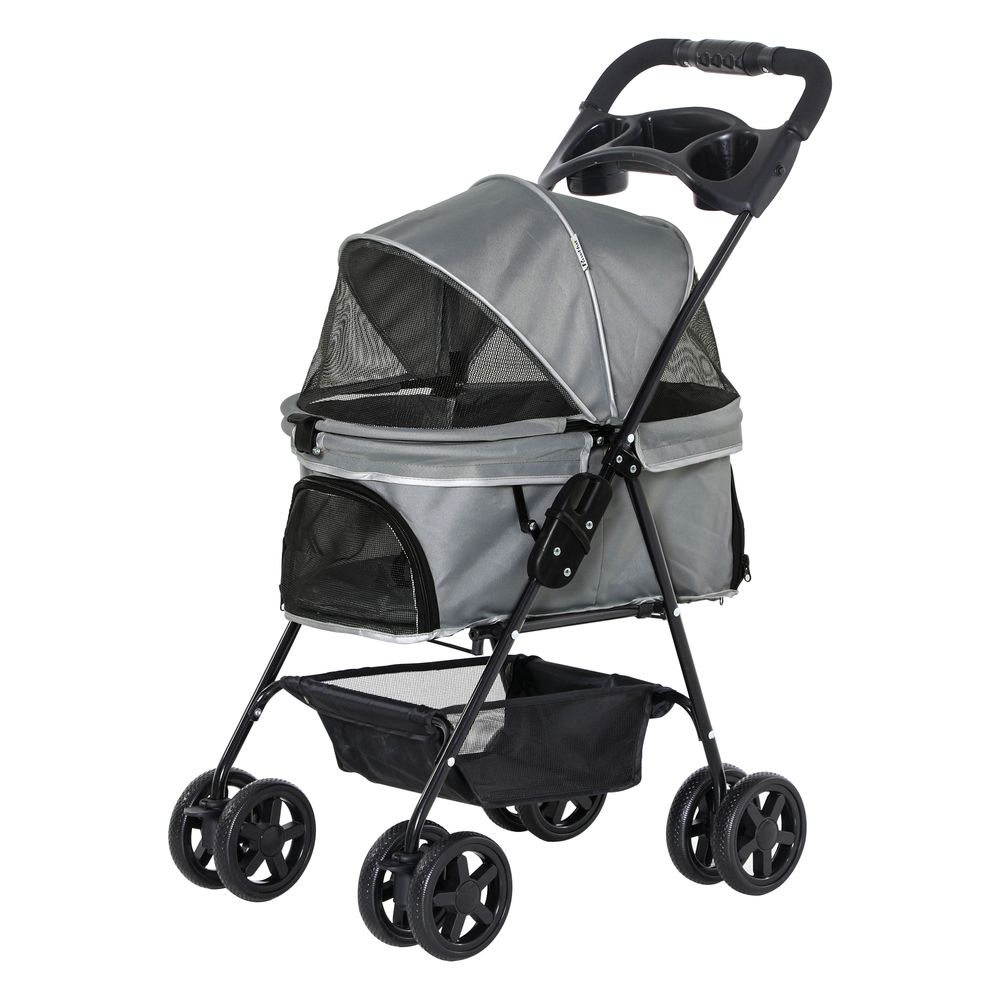 Poussette buggy pliable chien chat panier rangement porte-gobelets tissu 300d oxford imperméable 4 roues gris