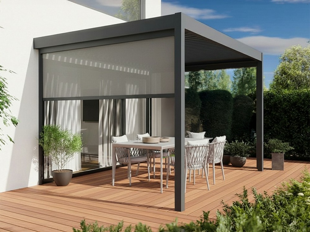 Pergola bioclimatique aluminium adossee 12m² - 3x4m - store latéral inclus - 29 lames en acier galvanisé inclinables a 90 degrés