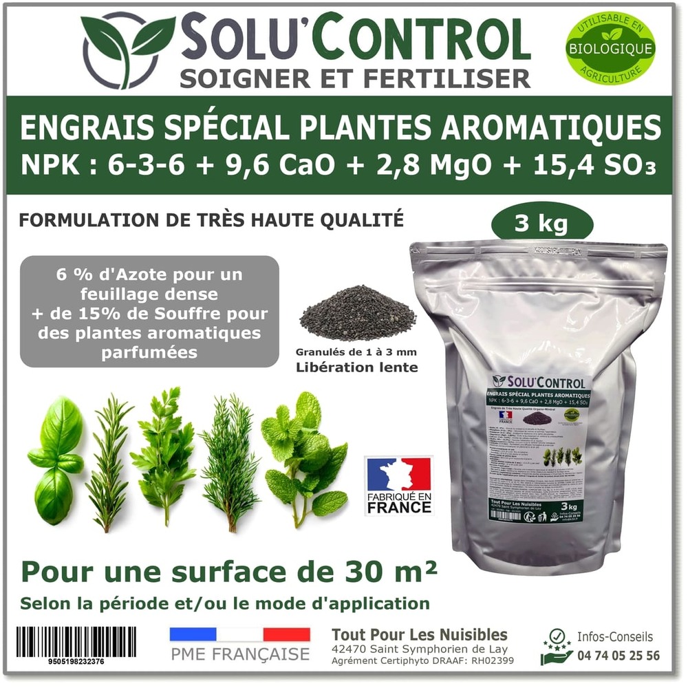3 kg - engrais spécial plantes aromatiques npk 6-3-6 - favorise un feuillage dense - uab