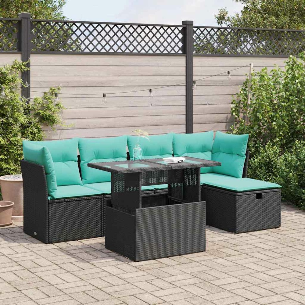 Salon de jardin 6 pcs avec coussins noir résine tressée acacia