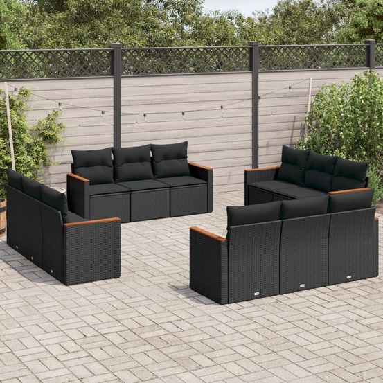 Salon de jardin 12 pcs avec coussins noir résine tressée