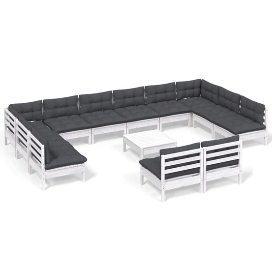 Salon de jardin 13 pcs avec coussins blanc bois de pin solide