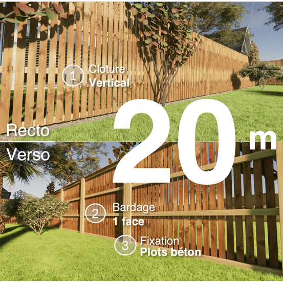 Kit clôture bois moderne 20m – h 1,9m – 20 x 70 mm autoclave marron – pose vertical – simple face – à sceller