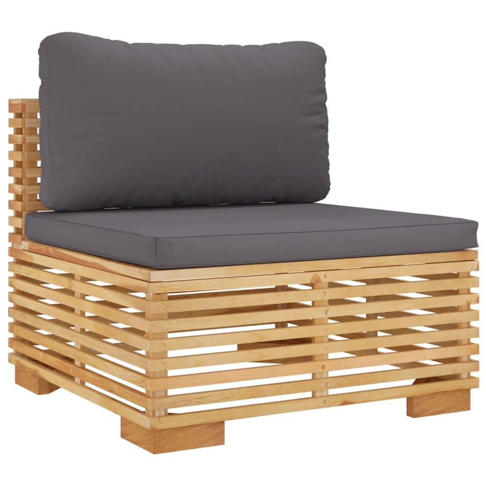 Canapé central de jardin coussins gris foncé bois teck massif