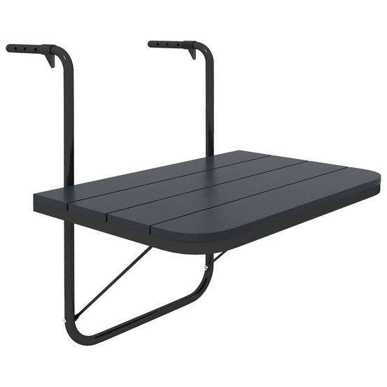 Table suspendue de balcon, pliable, réglable en hauteur, structure en aluminium, plateau en plastique imitation bois, noire