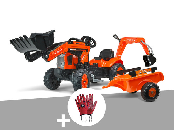 Tractopelle enfant kubota avec remorque + excavatrice 2 à 5 ans + gants de prote