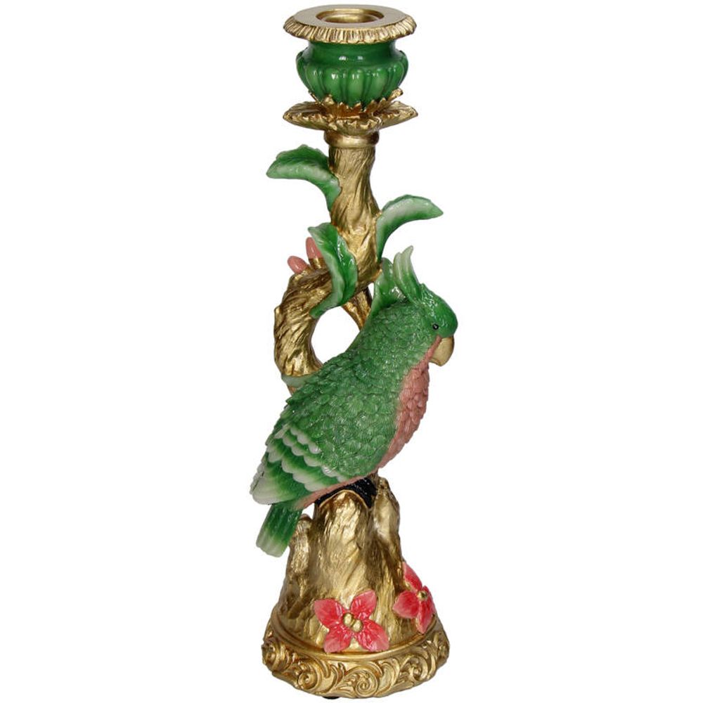 Bougeoir oiseau coloré vert en polyrésine - h 33,5 cm