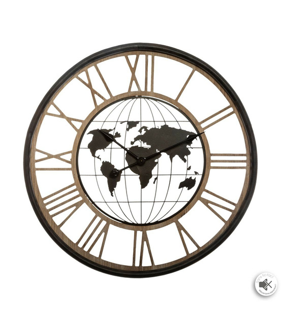 Grande pendule murale silencieuse en métal décor map monde d 67 cm