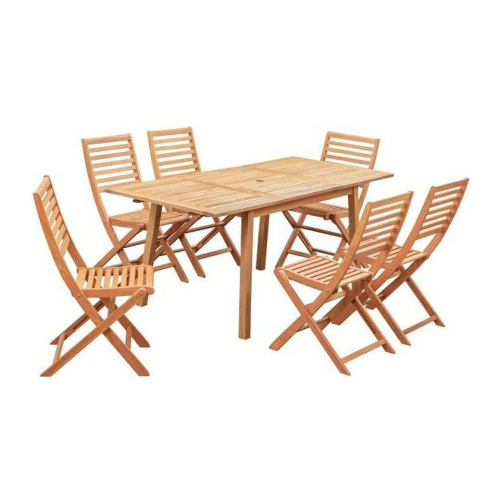 Ensemble repas de jardin 4-6 personnes - eucalyptus - table extensible 120/180 x 80 cm + 6 chaises pliantes