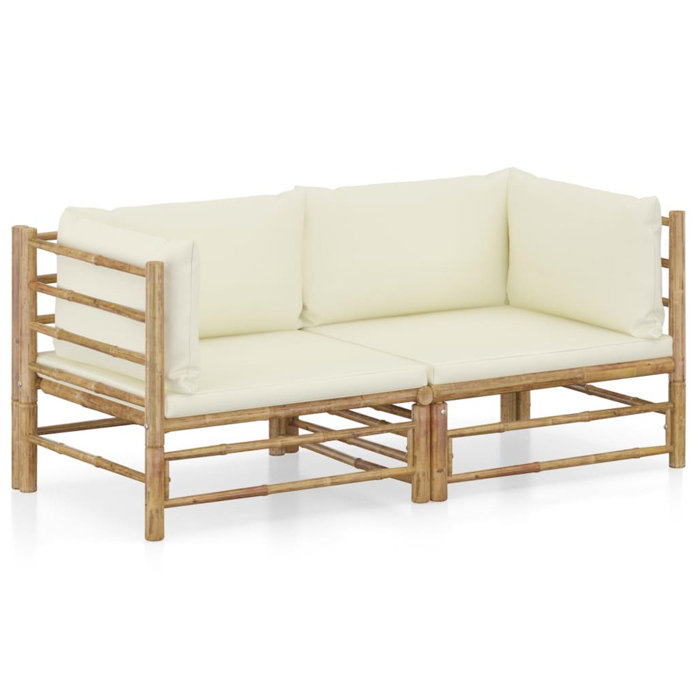 Salon de jardin meuble d'extérieur ensemble de mobilier 2 pièces avec coussins blanc crème bambou