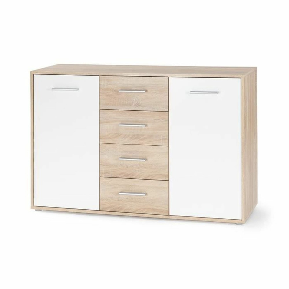Buffet bas 2 portes et 4 tiroirs - blanc et chêne sonoma - 122,6 x 34,2 x 81,1 cm
