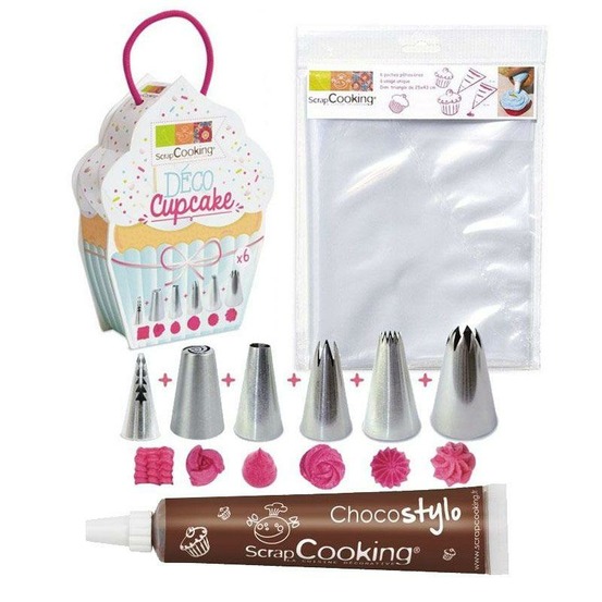 6 douilles et 6 poches à douilles jetables pour cupcakes + 1 stylo chocolat