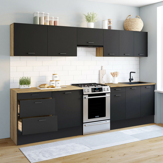Cuisine complète casserolier 300 cm subtil avec plan de travail 9 éléments bois et noir