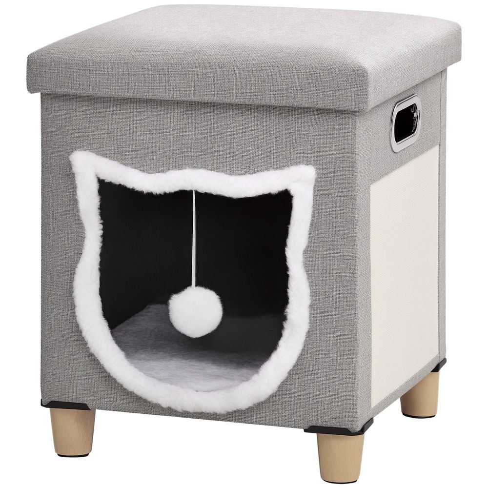 Niche pour chat fermée bois et peluche espace repos coussin et jouet gris 42cm