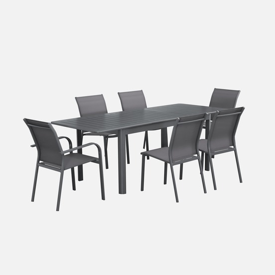 Table de jardin extensible aluminium et textilène, 4 chaises, 2 fauteuils, 6 places
