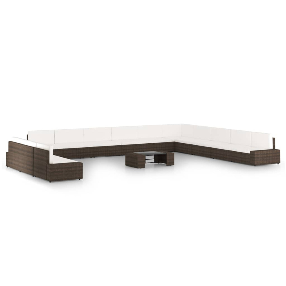 Salon de jardin 14 pcs avec coussins marron résine tressée