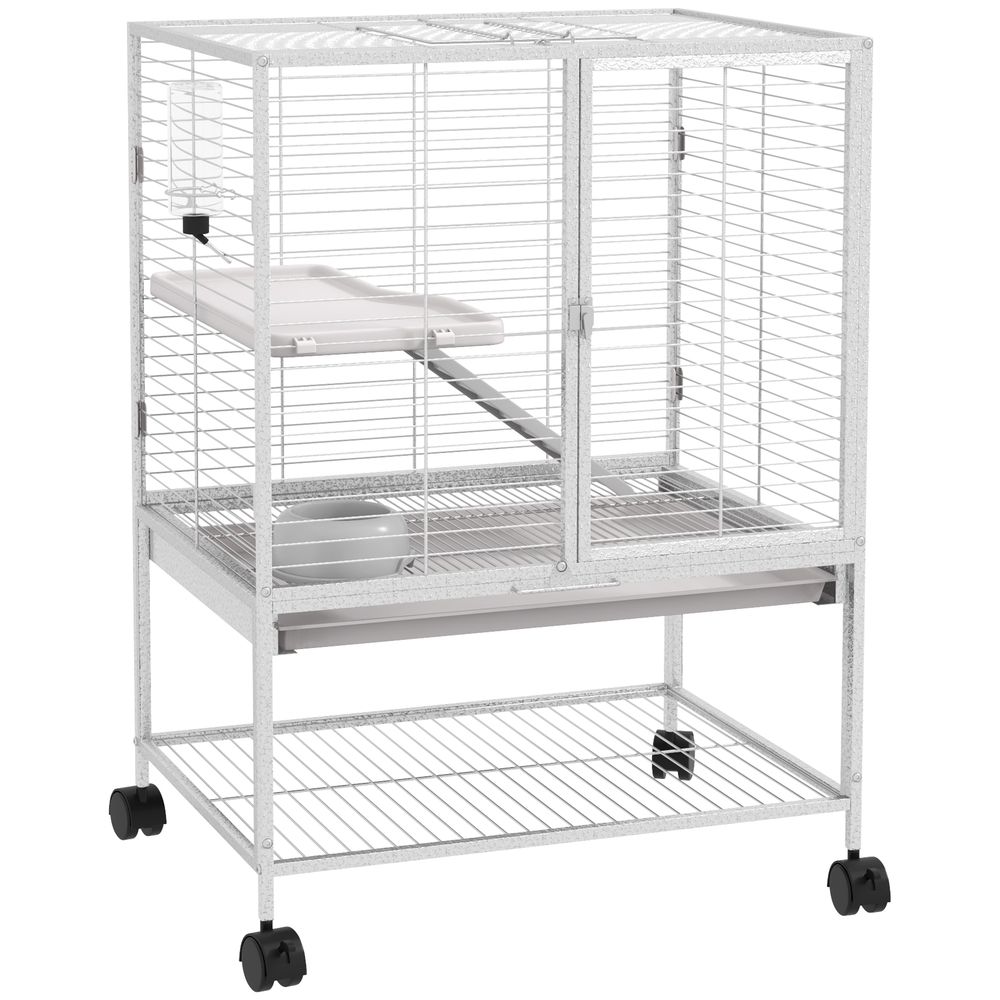 Cage acier sur roulettes pour furets et chinchillas 2 niveaux avec rampe 61x44x86 cm gris