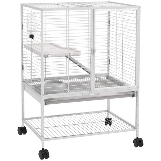 Cage acier sur roulettes pour furets et chinchillas 2 niveaux avec rampe 61x44x86 cm gris
