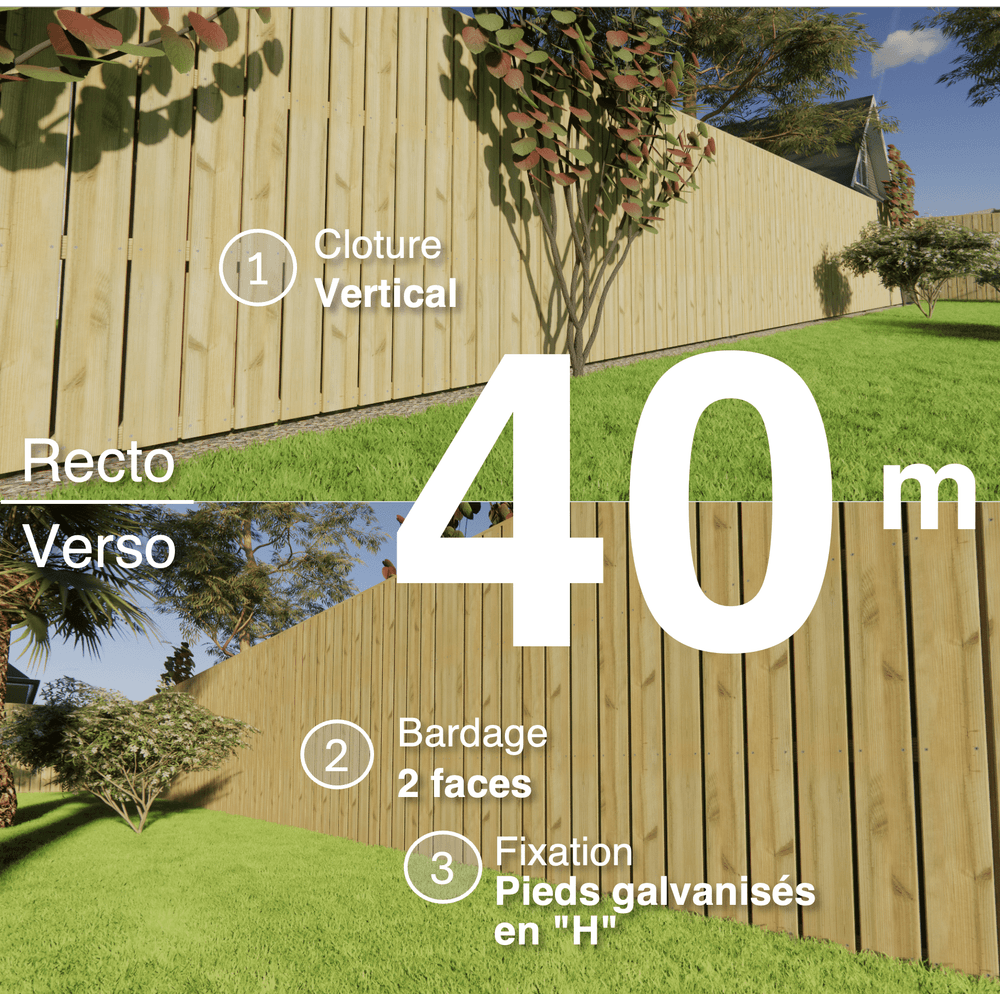 Kit clôture bois moderne 40m – h 1,9m – 21 x 145 mm autoclave vert – pose vertical – double face – support galva