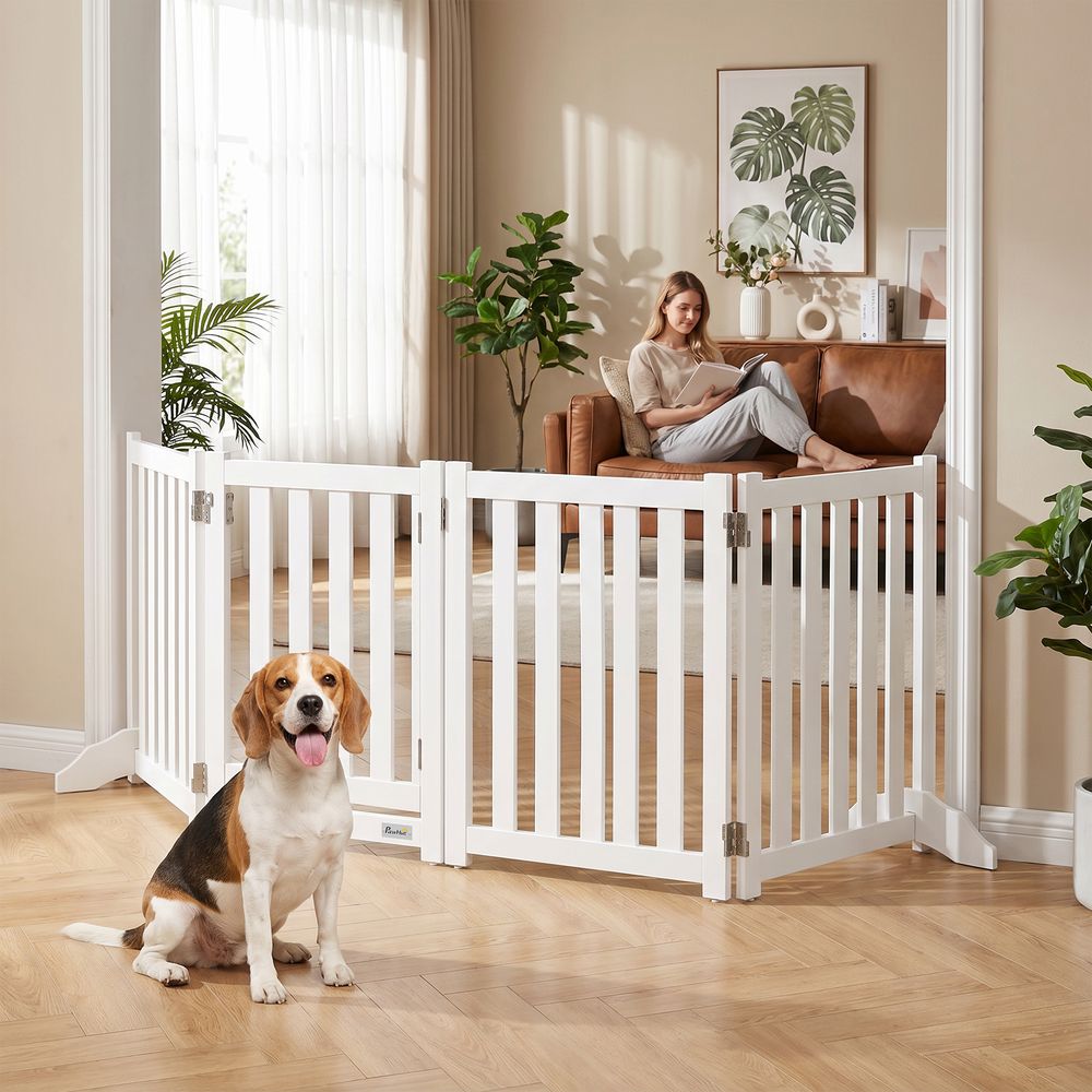 Barrière pour chien pliable en mdf blanc 205 x 60 cm à 4 panneaux autoportante avec portillon pour intérieur