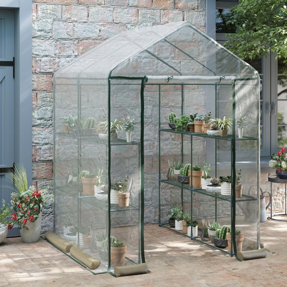 Serre de jardin en pvc transparent et acier 143 x 143 x 195 cm balcon potager avec étagères - comfortxl outdoor living