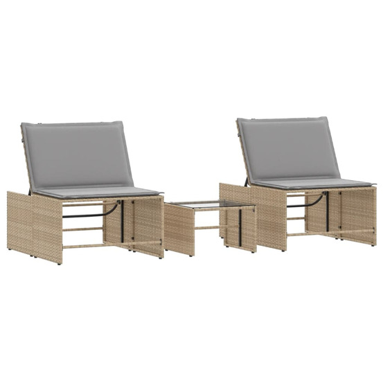Chaises longues 2 pièces avec table en résine tressée beige