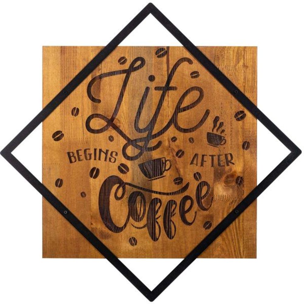 Décoration murale en bois et métal citation life begins after coffee