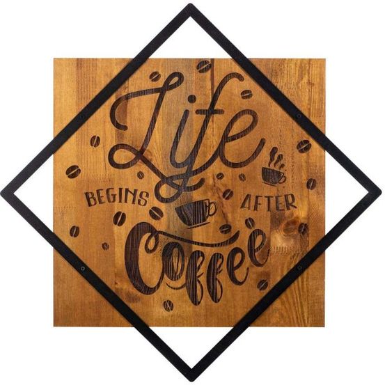 Décoration murale en bois et métal citation life begins after coffee