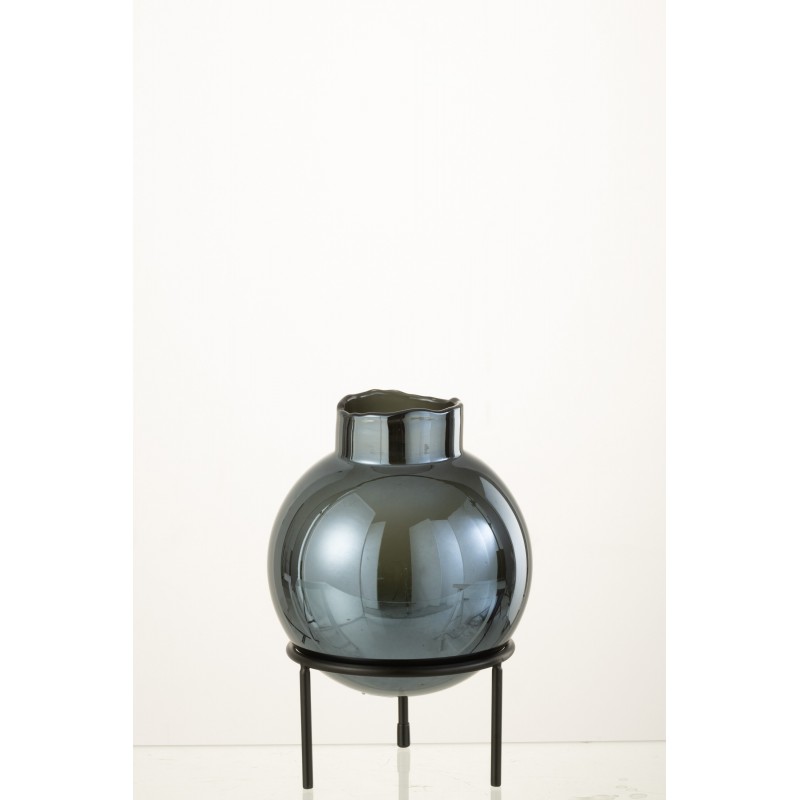 Vase boule sur pied en verre bleu 15x15x22 cm