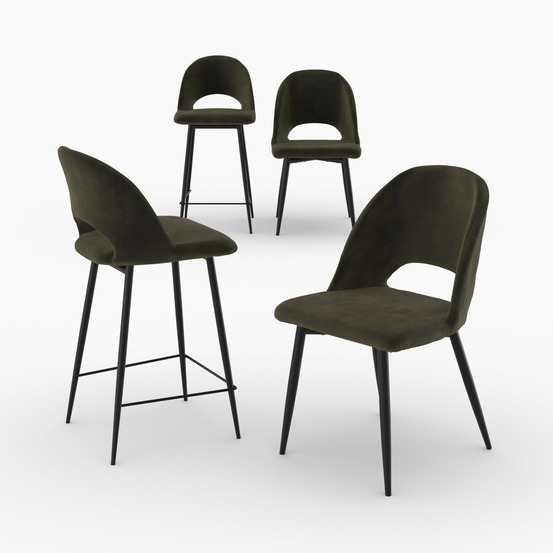 Pénélope-pack 2 chaises et 2 chaises de bar 65 cm en velours vert