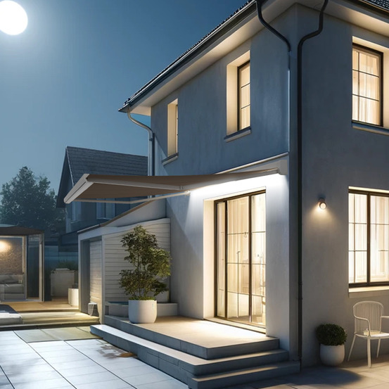 Store banne coffre intégral celeste 4,00x3,00 m (motorisé secours à télécommande + led - blanc satiné ral9010 - taupe)