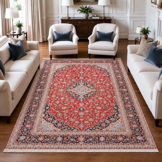 Tapis d'orient 256 x 350 cm, rouge, beige et bleu, noué main en laine, ardakan c