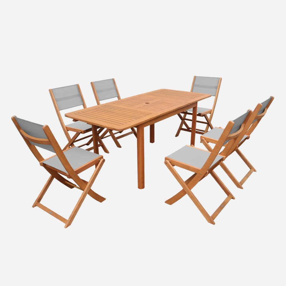 Table de jardin extensible bois d'eucalyptus + 6 assises 120/180cm - arbo + almeria