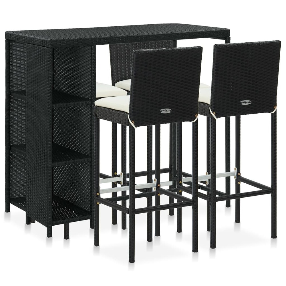 Meuble de bar de jardin 5 pièces et coussins résine tressée noir