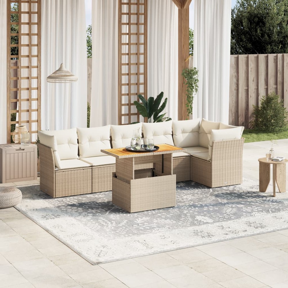 Salon de jardin avec coussins 7 pcs beige résine tressée