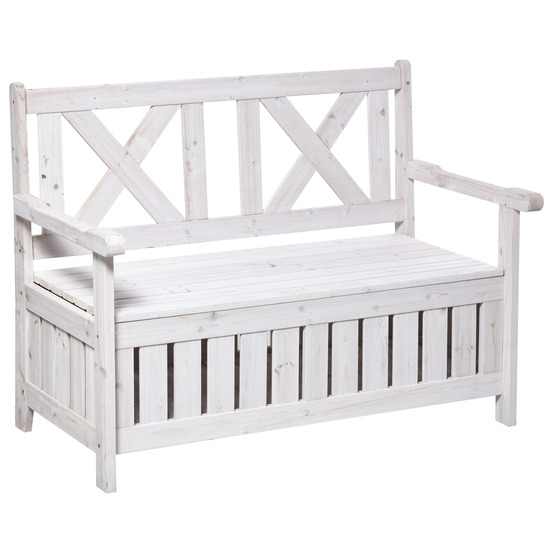 Banc de jardin 2 places avec espace de rangement, en bois de sapin, résistant aux intempéries, blanc