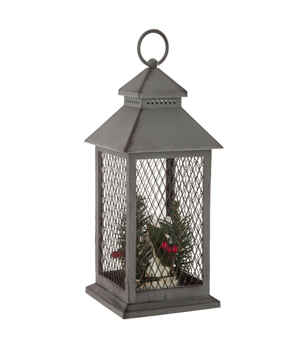 Déco de noël lumineuse lanterne grillagée avec 3 bougies 3 led h 31 cm